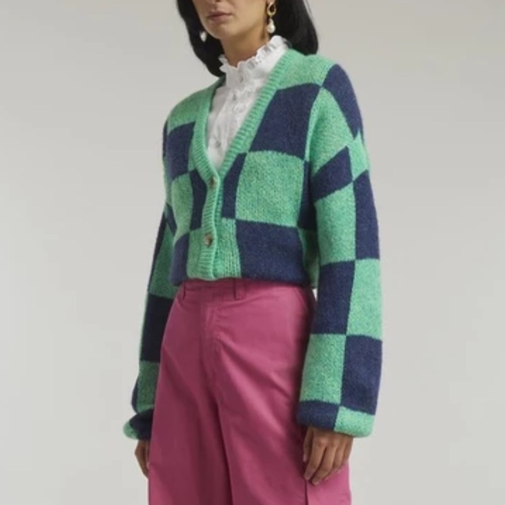 STINE GOYA Amara Cardigan Green Navy Checkered Size Medium - Picture 12 of 13
